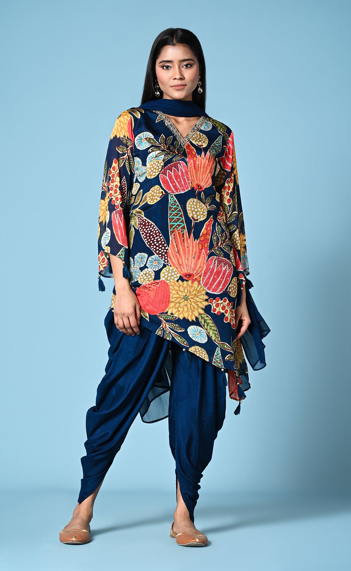 Dreamy printed navy fusion wear with Asymmetric top & dhothi pants