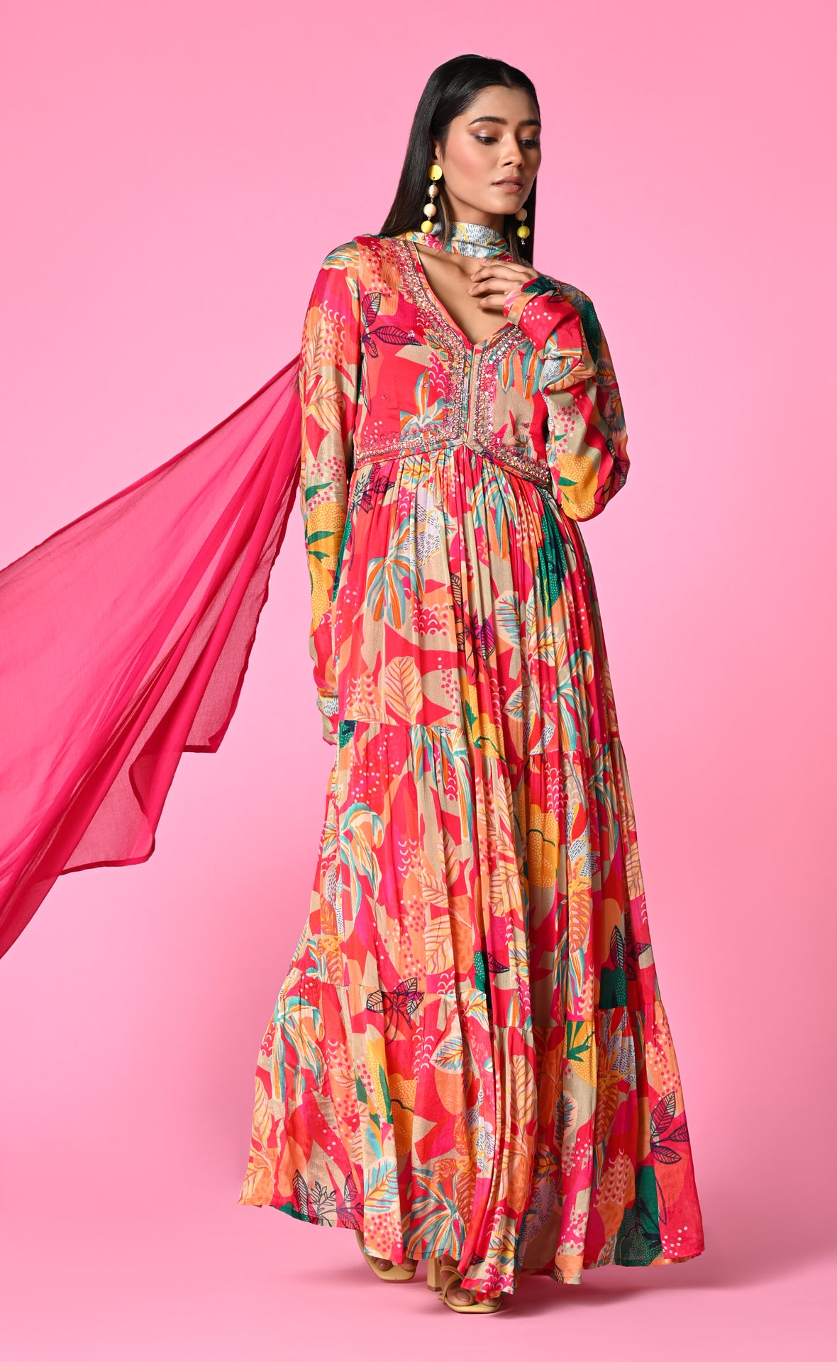Floral Pink Alia cut gown with full sleeves in chinon