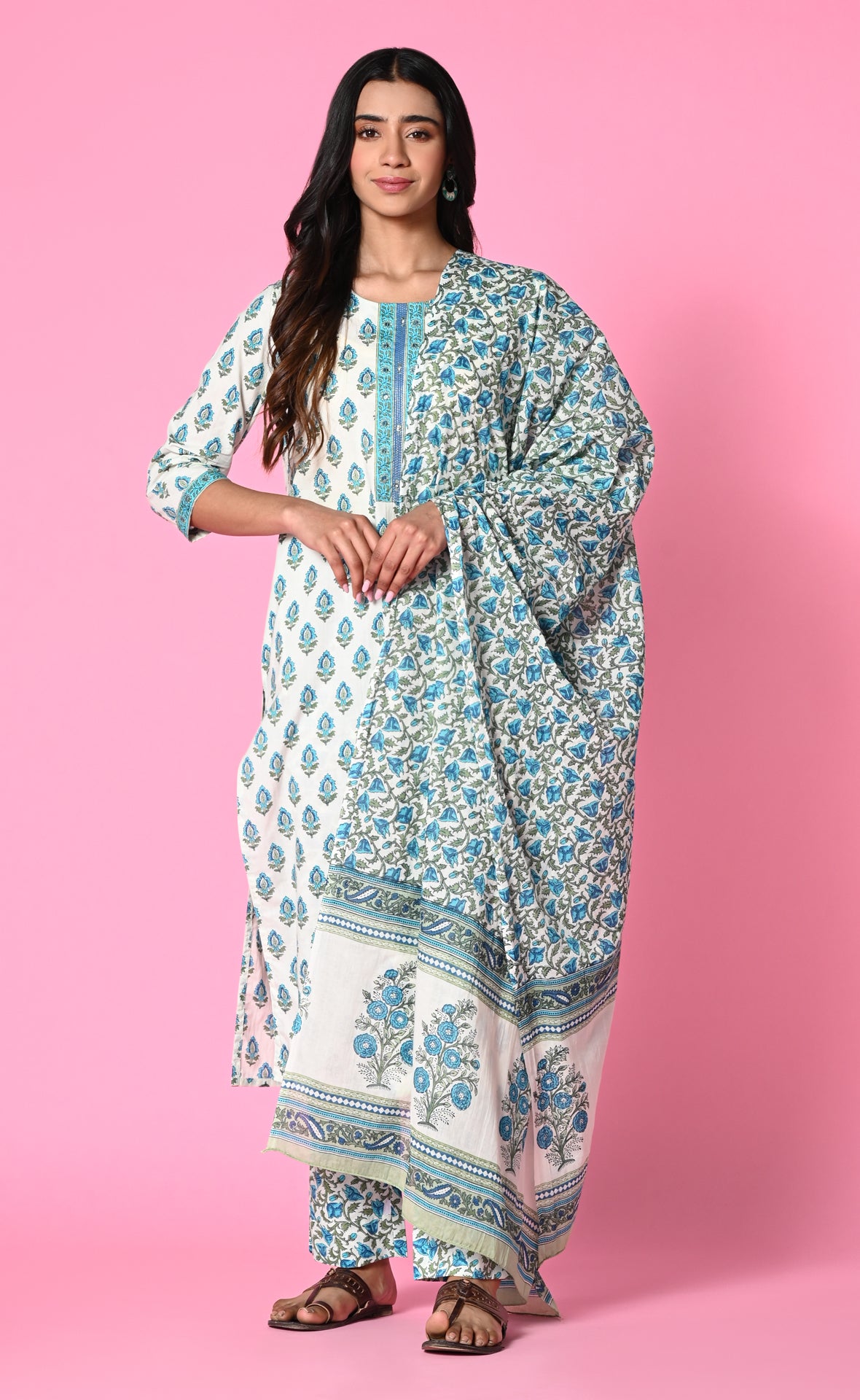 White and blue cotton jaipur print kurthi set with dupatta