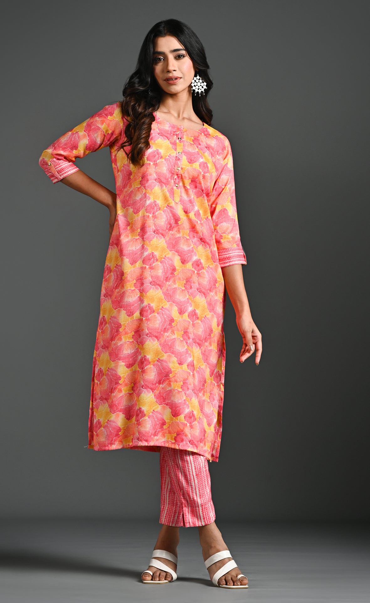 Pink & Yellow printed casual kurthi set