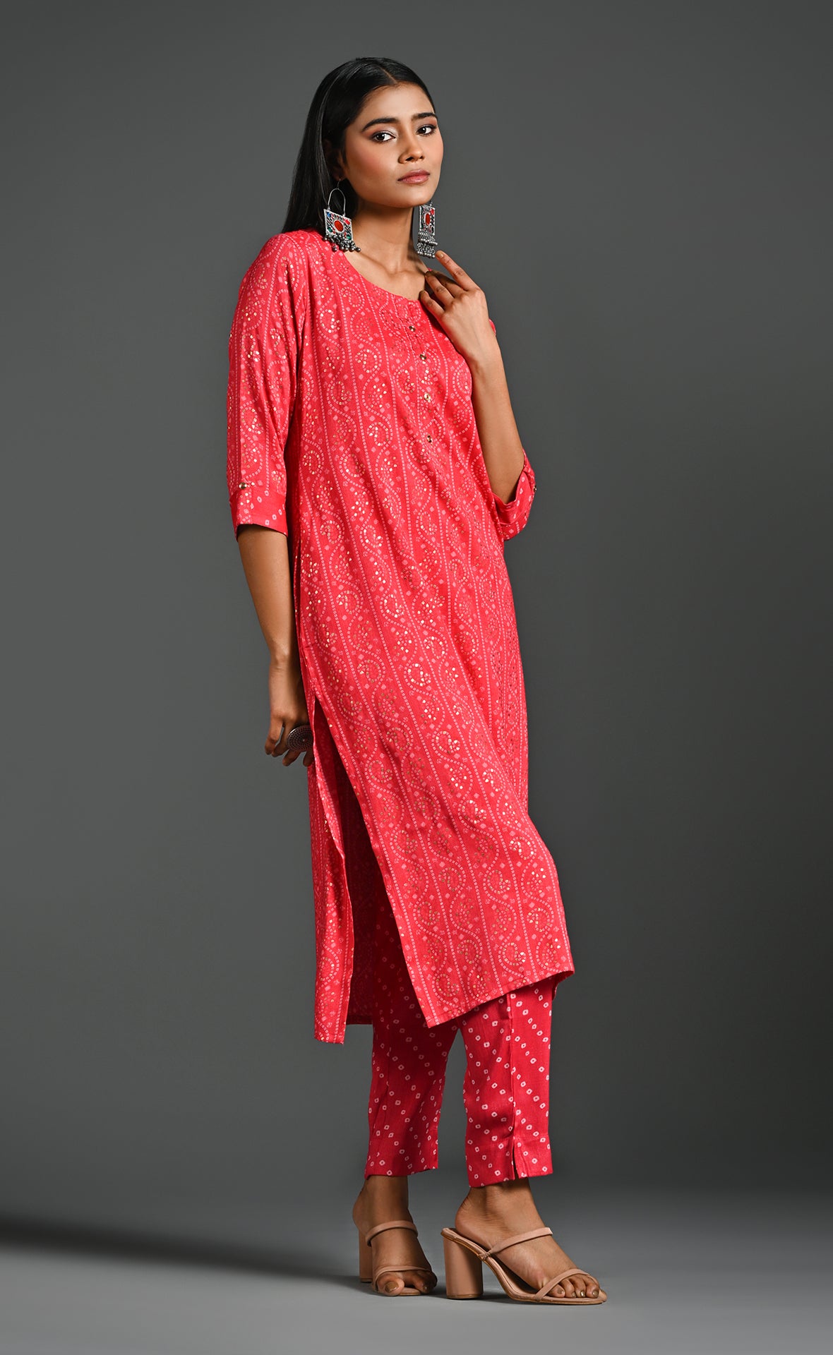 Orangish pink bandhini printed casual kurthi set