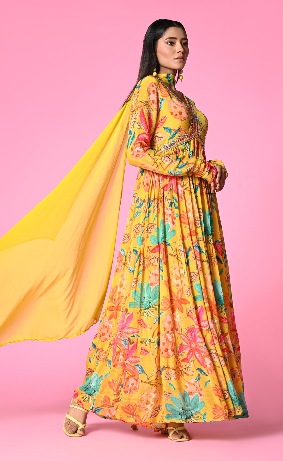 Floral yellow  Chinon Alia cut gown with full sleeves