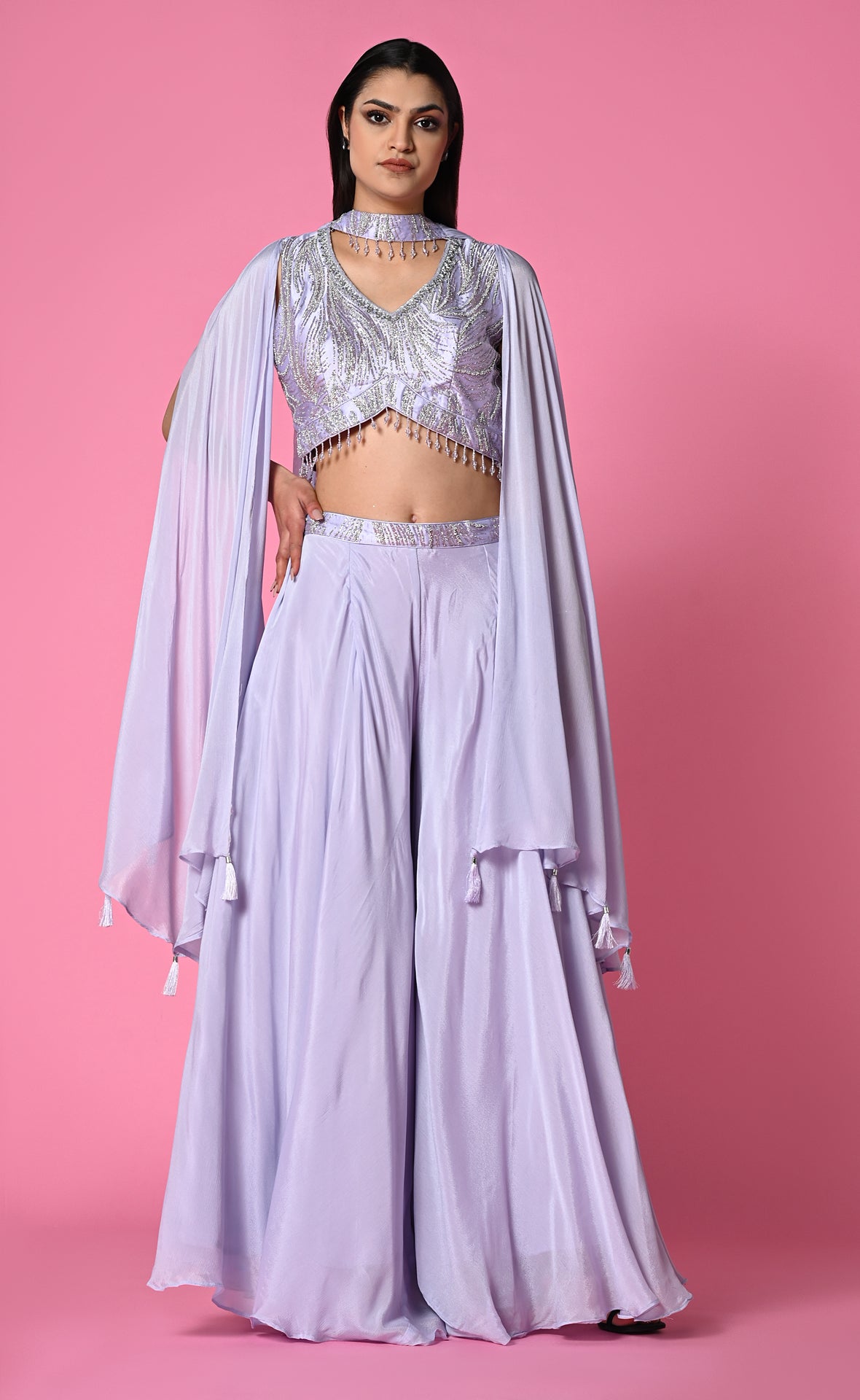 LILAC PARTY WEAR PALAZZO SET WITH STATEMENT SLEEVE
