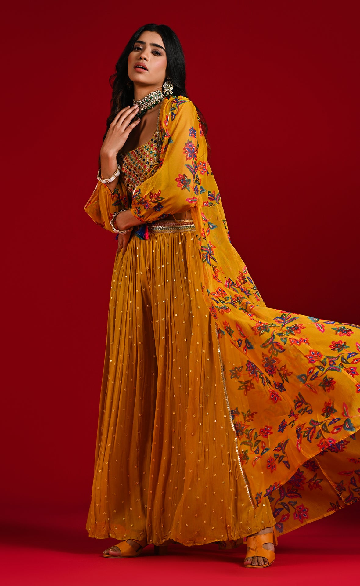 Mustard Crop top  palazzo with long jacket party wear set