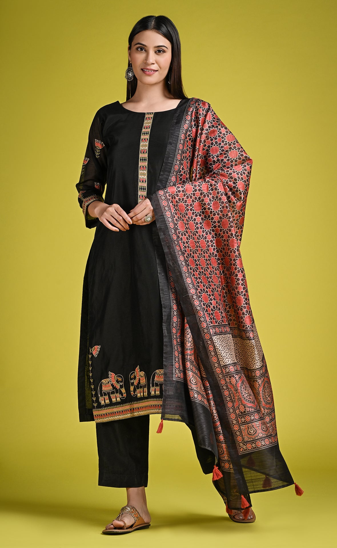 Black salwar kameez set with elephant motif