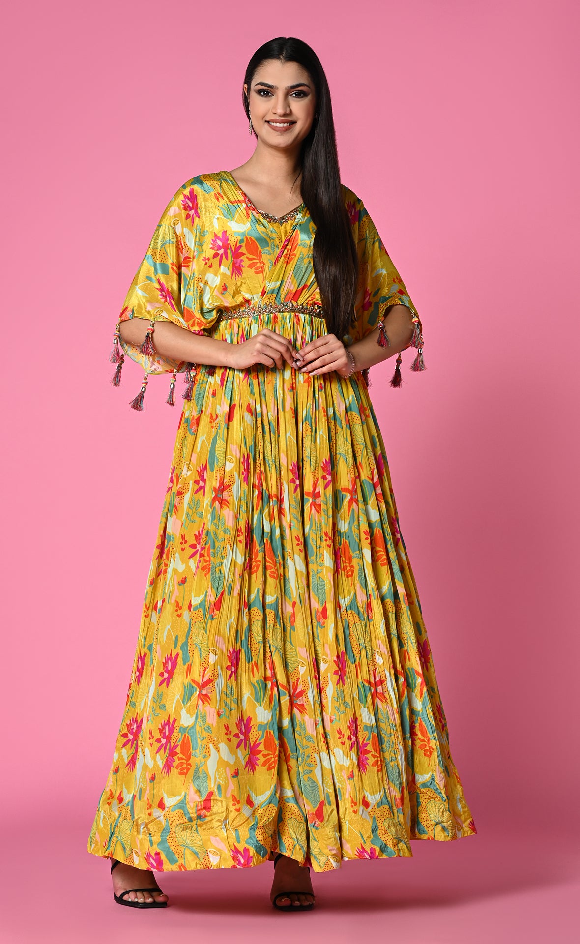 Yellow floral gown with flared  sleeve