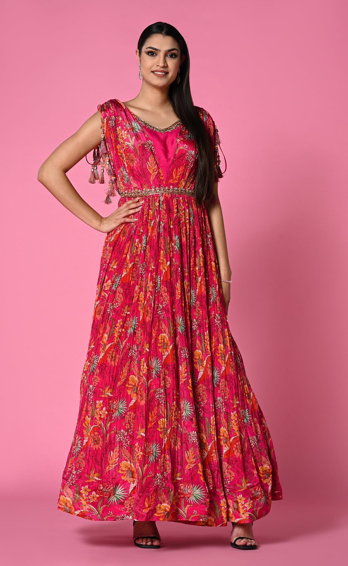 Pink floral gown with statement  sleeve