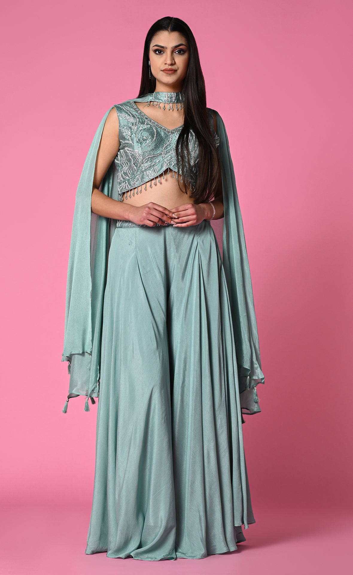 SEA GREEN PARTY WEAR PALAZZO SET WITH STATEMENT SLEEVE