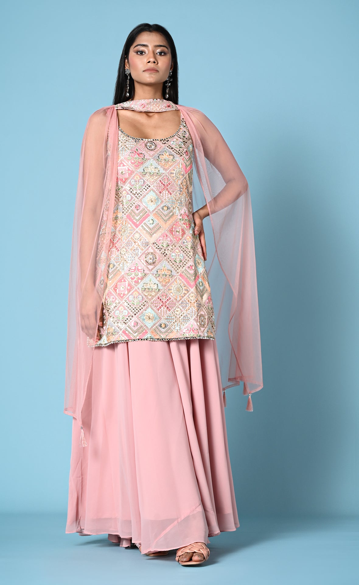Peach worked top with belt type dupatta and heavy palzzo set