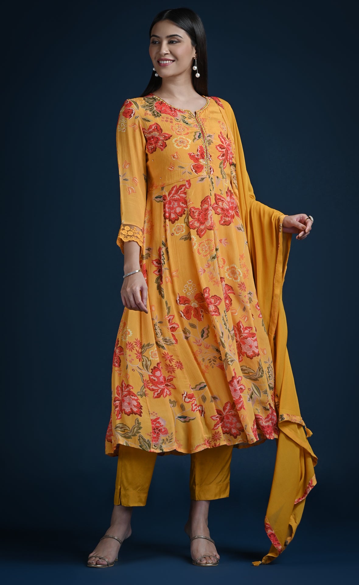 Vibrant Yellow floral Anarkali set with dupatta in chinon