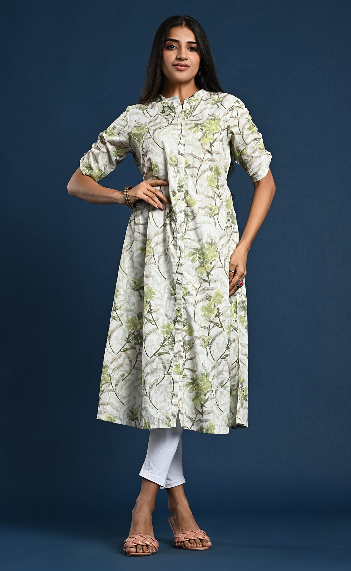 Floral Printed A-Line Green Kurti with crush Elastic Sleeve