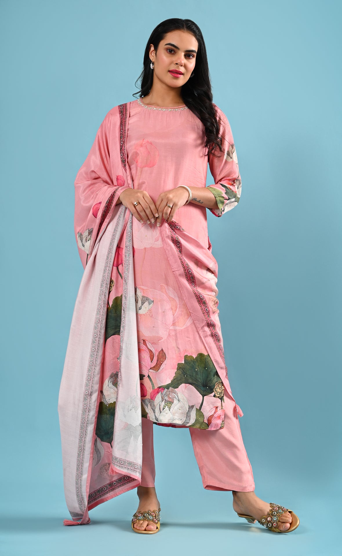 Elegant Printed Pink Rayon Muslin Kurti Set with Dupatta