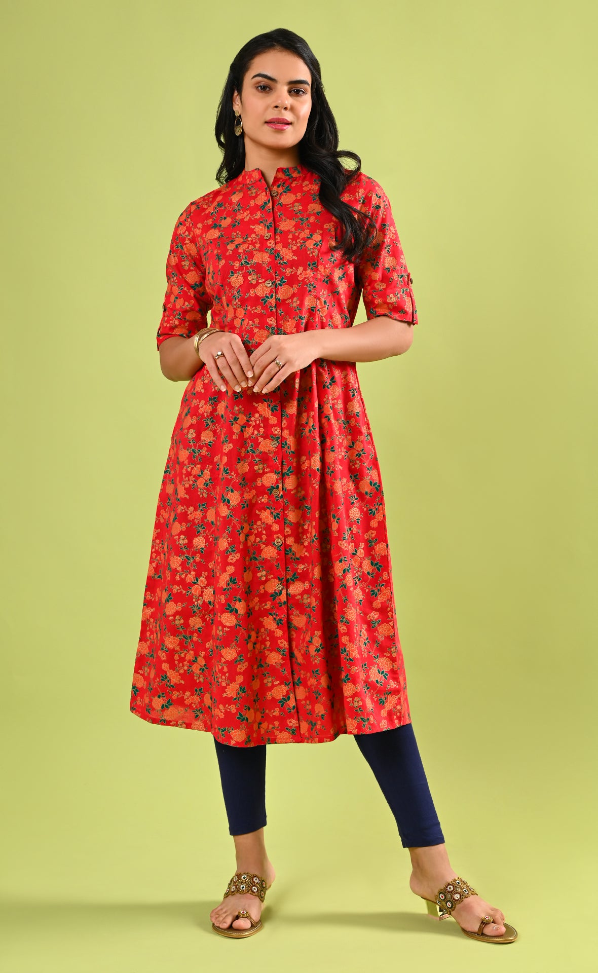 Red Floral Printed A Line Kurti