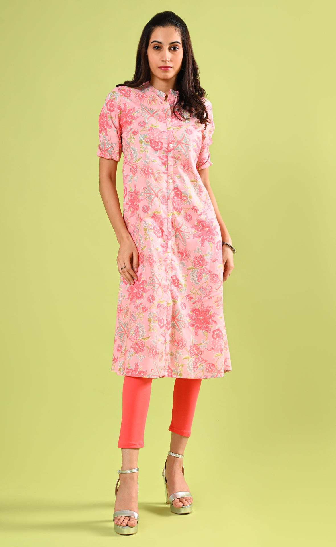 Pink Floral A Line Kurti