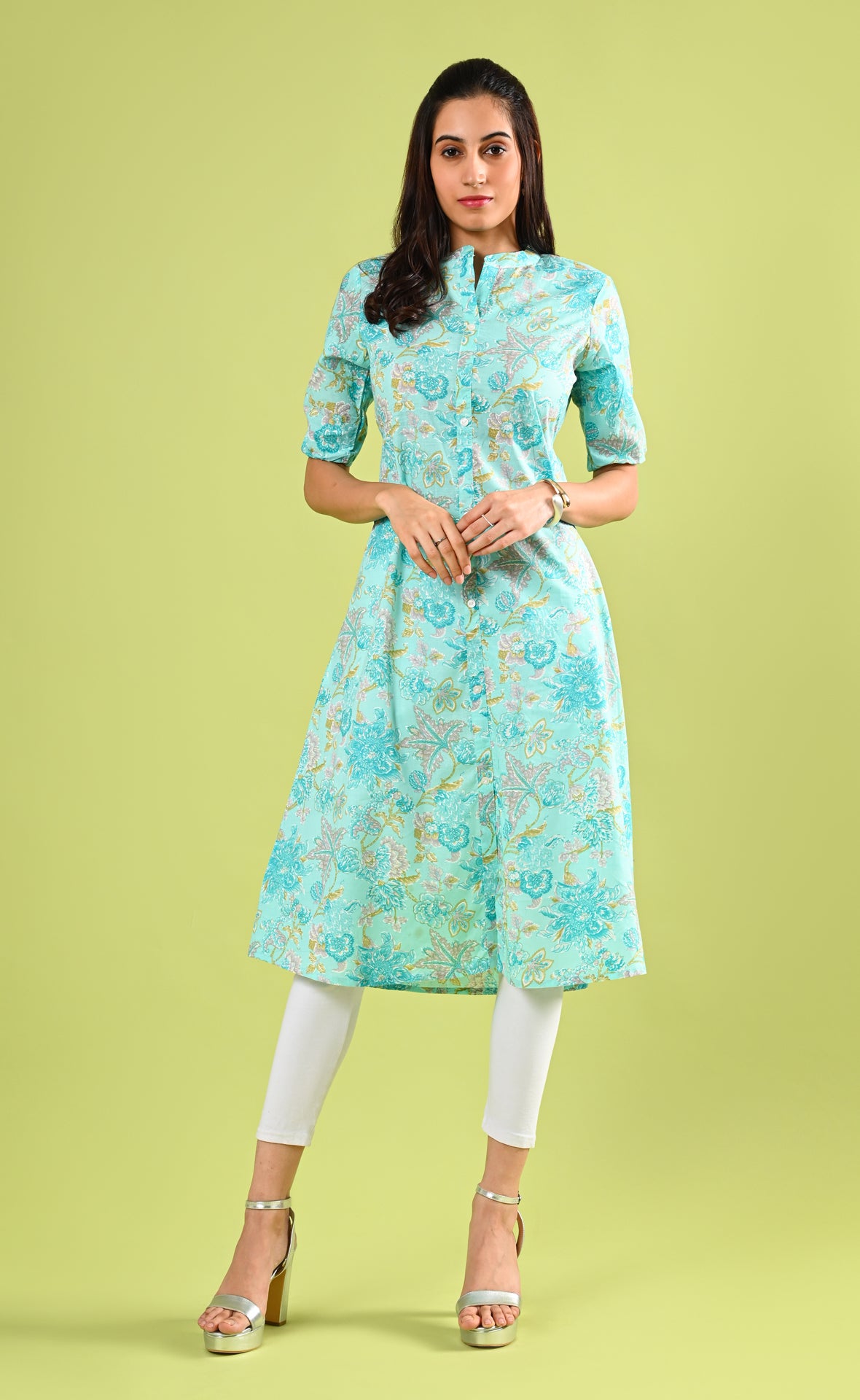 Blue Floral Printed A Line Kurti