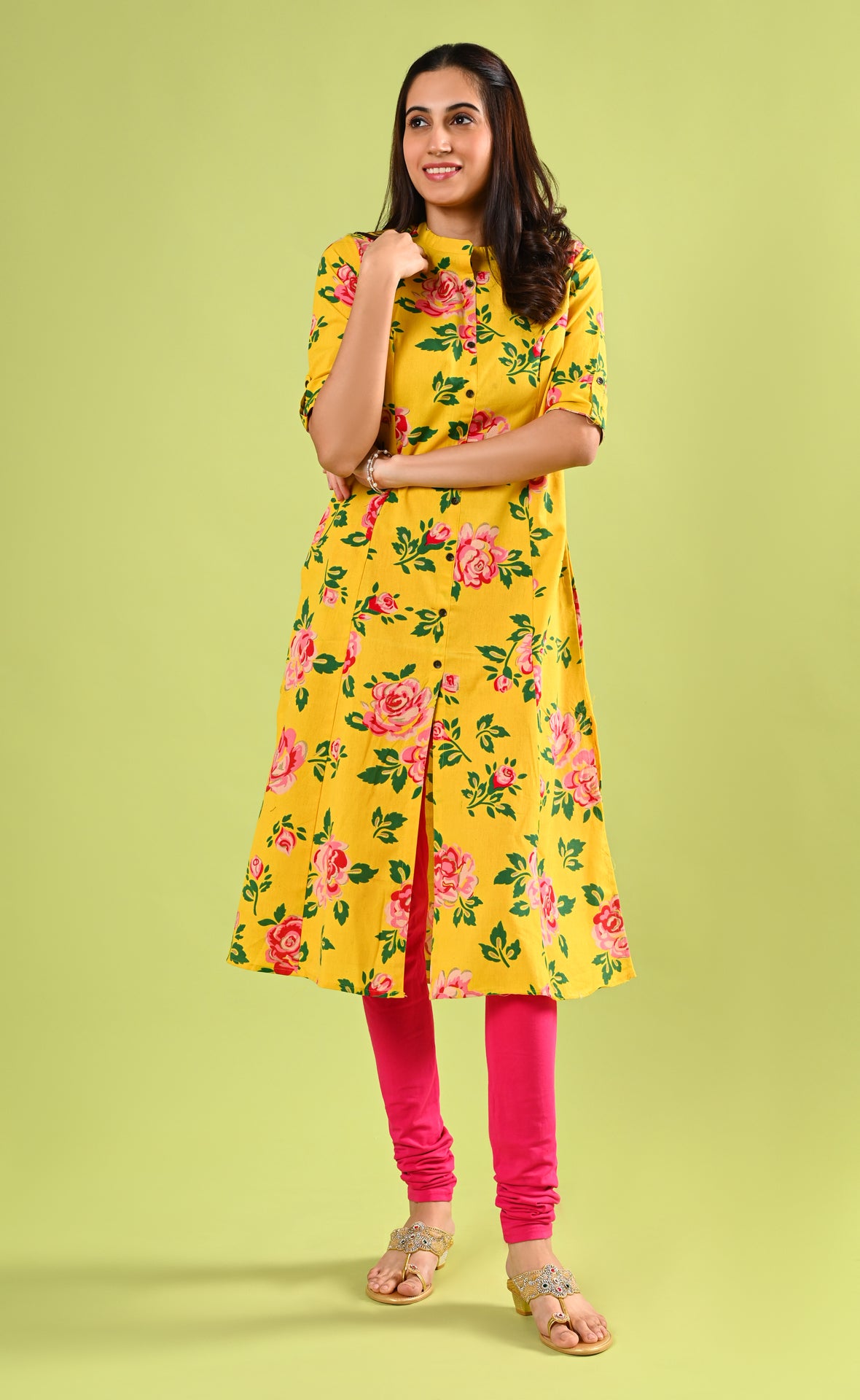 Yellow Floral Printed A Line Kurti