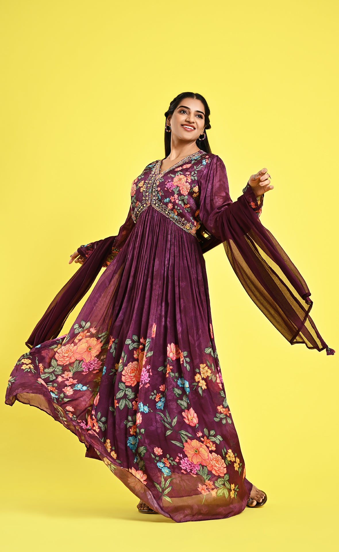 Purple Alia Cut Worked Gown in Full Sleeves with Dupatta