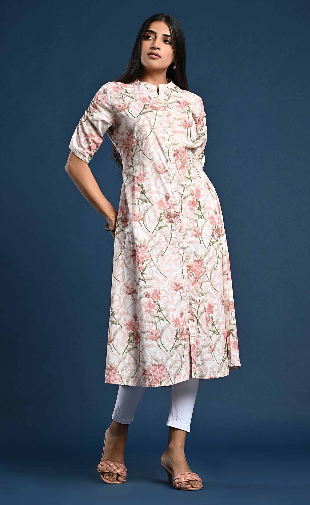 A Line Cut Floral Kurti with Elastic Sleeve