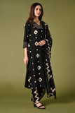 Diamond printed black daily wear cotton straight kurti set with pant and printed dupatta.
•	Printed top with v neck.
•	Thread and sequin work around the neck,3/4 sleeves.
•	Double sided elastic, printed and comfortable straight pants.
•	Cotton printed dupatta.
•	Pure cotton material.
