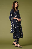 Diamond printed navy-blue daily wear cotton straight kurti set with pant and printed dupatta.
•	Printed top with v neck.
•	Thread and sequin work around the neck,3/4 sleeves.
•	Double sided elastic, printed and comfortable straight pants.
•	Cotton printed dupatta.
•	Pure cotton material.
