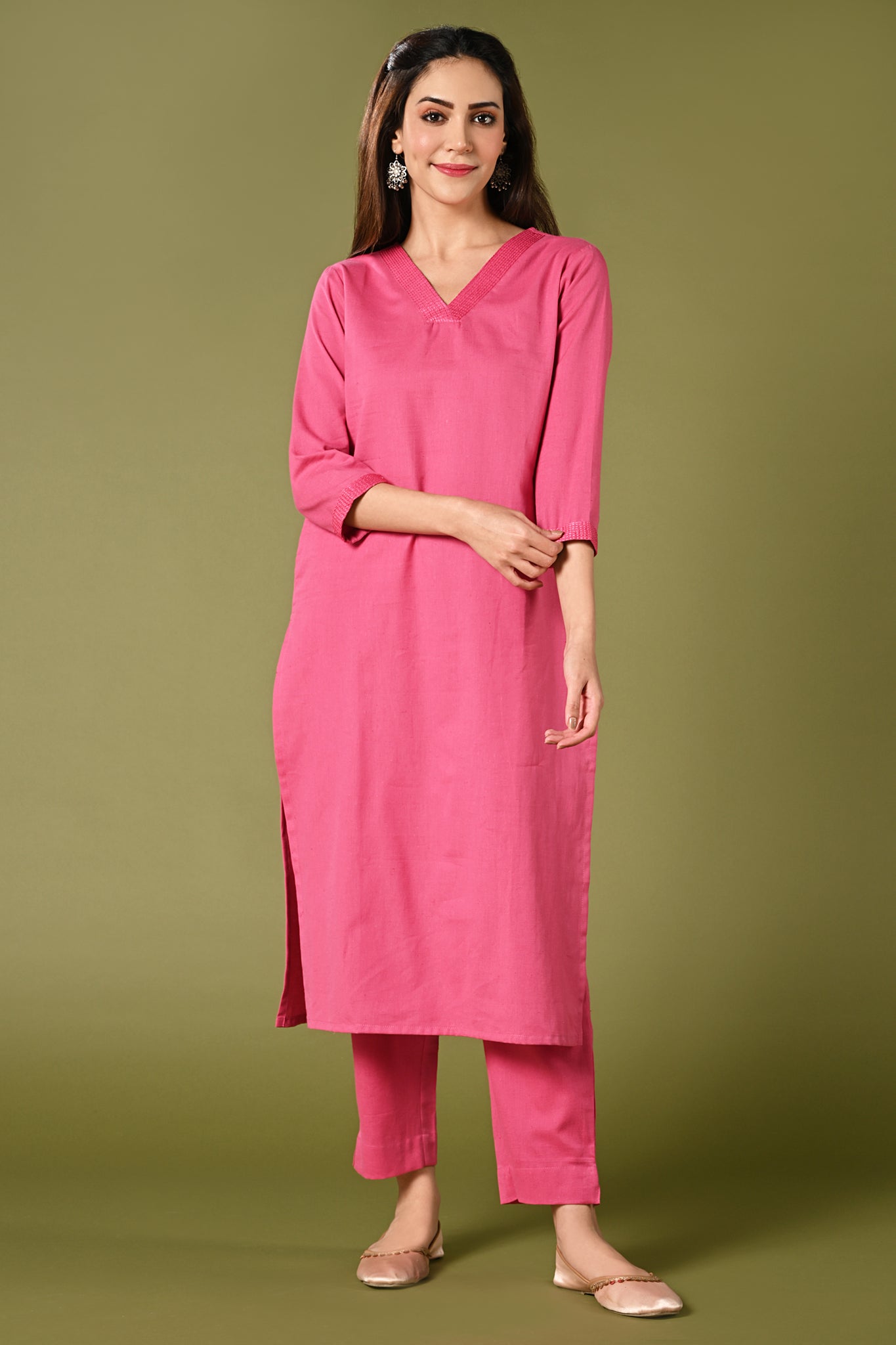 Elegant lotus pink cotton flex solid colour kurti set with v neck 3/4 sleeves single side pocket and straight pants.