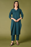 Elegant teal blue cotton flex solid colour kurti set with v neck 3/4 sleeves single side pocket and straight pants.
•	Plain kurti set.
•	V neck, 3/4 sleeves & single side pocket.
•	Single sided elastic and straight fit pants.
•	All day comfort rayon flex material.
•	The teal blue solid colour with cotton flex will give an elegant look.


