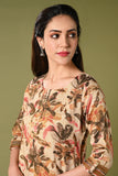 Mehndi green and cream leaf printed rayon daily wear kurti set with 3/4 sleeves roundneck single side pocket and straight pants.
•	Leaf prints all over the top.
•	Round neck, 3/4 sleeves & single side pocket.
•	Double sided elastic & straight fit pants.
•	All day comfort rayon material.
•	Mehndi green and cream with leaf prints will give a semi-formal and stylish look.
