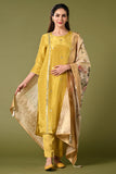 Pale mustard yellow shimmer fabric kurti set with floral printed organza dupatta, gotta patti work and straight pants.
•	Plain top with gotta patti work.
•	Round neck & 3/4 sleeves.
•	Single sided elastic and comfortable straight pants.
•	Floral printed organza dupatta with tassels.
•	Shimmer fabric material
•	The shimmer fabric with prints will give you a perfect occasional look.
