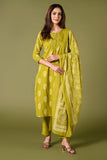 Parrot green printed cotton daily wear kurti set with thread work straight pant and cotton mul dupatta.
•	Leaf prints all over the body.
•	Round neck & 3/4 sleeves.
•	Single sided elastic and comfortable straight pants.
•	Pure cotton material.
•	Cotton mul dupatta.
