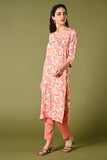 Peach floral printed daily wear rayon kurti set with 3/4 sleeves roundneck single side pocket and straight pants.
•	Floral prints all over the kurti set.
•	Round neck, 3/4 sleeves & single side pocket.
•	Double sided elastic straight fit pants.
•	All day comfort rayon material.
•	Peach colour with floral prints will give a warm look with the touch of freshness and elegance.
