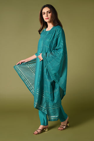 Plain blue mirror worked straight cut set with zari woven dupatta and straight pants.
•	Plain top with mirror-work in neckline and back neck.
•	3/4 sleeves with mirror and thread work in border.
•	Single side elastic comfortable straight pants.
•	Matching blue zari woven dupatta.
•	Chanderi material.
