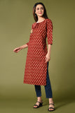 Printed maroon daily wear straight cotton kurti with mirror and thread work.
•	Straight kurti with prints all over.
•	3/4 sleeves, round neck with rope.
•	Mirror and thread work in the neck.
•	Pure cotton material.
