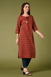 Printed maroon daily wear straight cotton kurti with mirror and thread work.
•	Straight kurti with prints all over.
•	3/4 sleeves, round neck with rope.
•	Mirror and thread work in the neck.
•	Pure cotton material.
