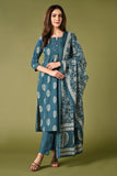 Rama blue leaf printed cotton daily wear kurti set with thread work straight pant and cotton mul dupatta.
•	Leaf prints all over the body.
•	Round neck & 3/4 sleeves.
•	Single sided elastic and comfortable straight pants.
•	Pure cotton material.
•	Cotton mul dupatta.
