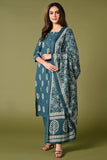 Rama blue leaf printed cotton daily wear kurti set with thread work straight pant and cotton mul dupatta.
•	Leaf prints all over the body.
•	Round neck & 3/4 sleeves.
•	Single sided elastic and comfortable straight pants.
•	Pure cotton material.
•	Cotton mul dupatta.
