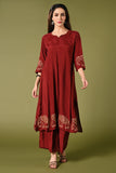  Solid maroon muslin kurti set with elepant print in border and sleeves.
•	Plain colour kurti with elephant prints in border and sleeve.
•	Round neck & 3/4 sleeves.
•	Double sided elastic and comfortable straight fit pants.
•	The marron colour muslin with elephant prints will give a elegant look with cultural touch.
