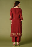  Solid maroon muslin kurti set with elepant print in border and sleeves.
•	Plain colour kurti with elephant prints in border and sleeve.
•	Round neck & 3/4 sleeves.
•	Double sided elastic and comfortable straight fit pants.
•	The marron colour muslin with elephant prints will give a elegant look with cultural touch.
