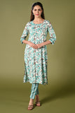 White and blue floral printed rayon daily wear kurti set with 3/4 sleeves roundneck single side pocket and straight pants.
•	Floral prints all over the kurti set.
•	Round neck, 3/4 sleeves & single side pocket.
•	Double sided elastic straight fit pants.
•	All day comfort rayon material.
•	White and blue with floral prints will give both comfort and style.
