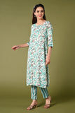 White and blue floral printed rayon daily wear kurti set with 3/4 sleeves roundneck single side pocket and straight pants.
•	Floral prints all over the kurti set.
•	Round neck, 3/4 sleeves & single side pocket.
•	Double sided elastic straight fit pants.
•	All day comfort rayon material.
•	White and blue with floral prints will give both comfort and style.