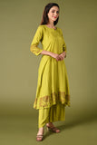 solid lime green muslin kurti set with elephant print in border and sleeves.
•	Plain color kurti with elephant prints in border and sleeve.
•	Round neck & 3/4 sleeves.
•	Double sided elastic and comfortable straight fit pants.
•	The lime green color muslin with elephant prints will give a fresh whimsical vibe.
