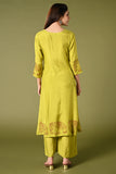 solid lime green muslin kurti set with elephant print in border and sleeves.
•	Plain color kurti with elephant prints in border and sleeve.
•	Round neck & 3/4 sleeves.
•	Double sided elastic and comfortable straight fit pants.
•	The lime green color muslin with elephant prints will give a fresh whimsical vibe.
