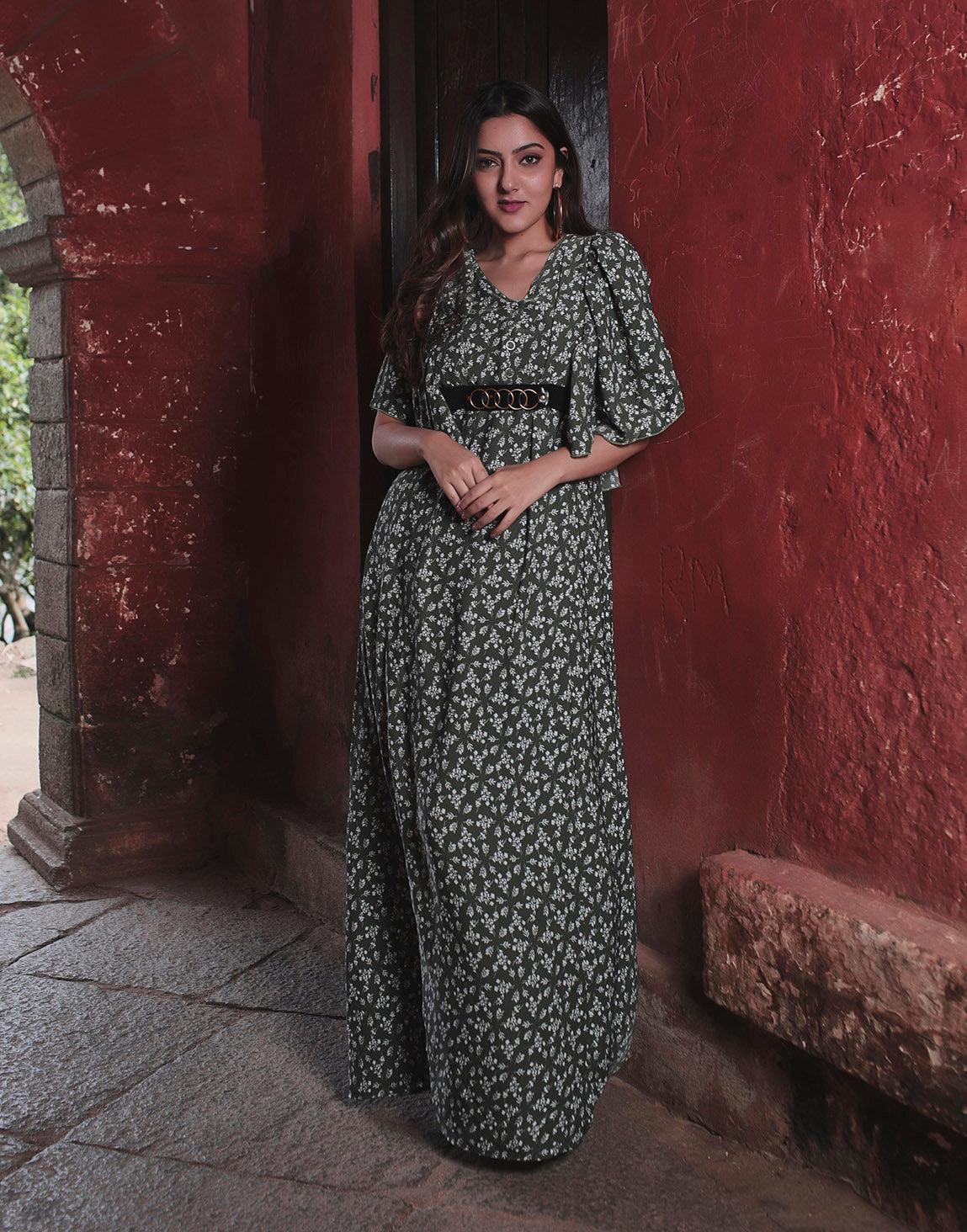 Olive green long dress with flared short sleeve and belt