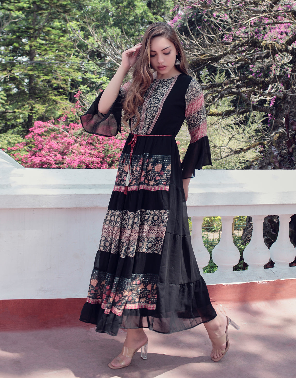 Flare Black kurthi with bell sleeves and rope