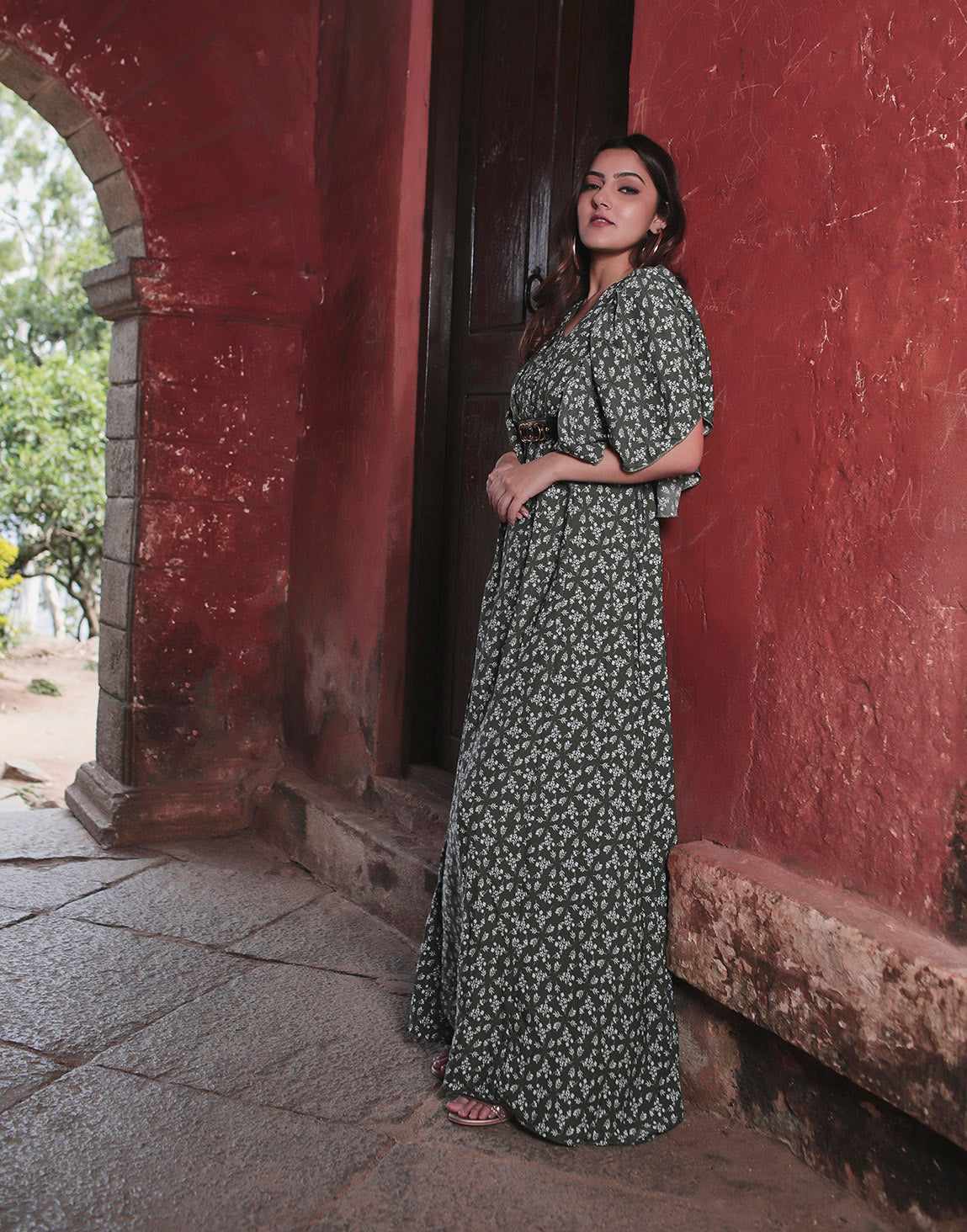 Olive green long dress with flared short sleeve and belt